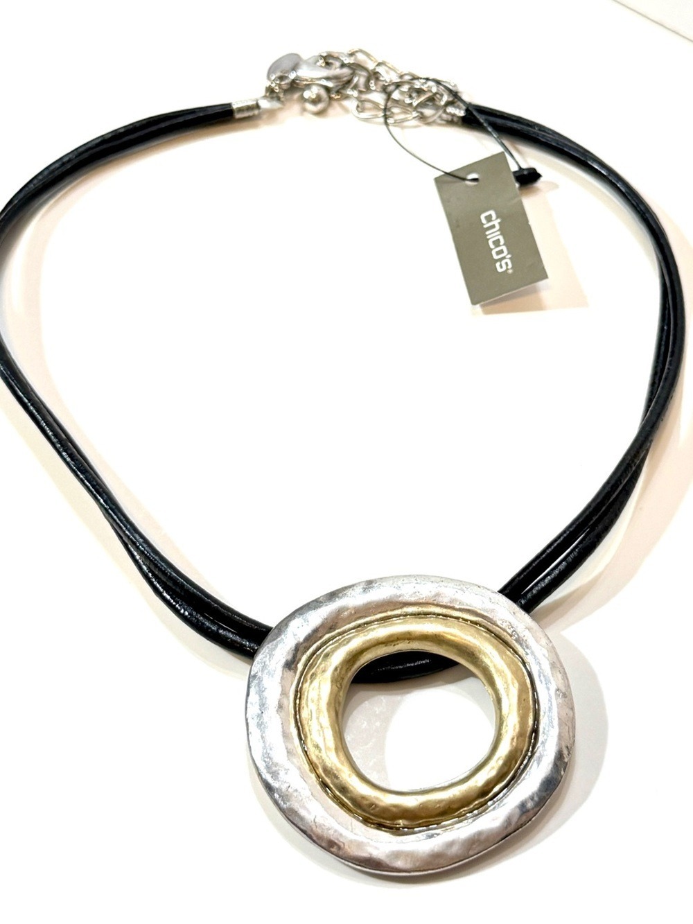 CHICO’S NWT Leather Cord Gold and Silver Circle Pendant Necklace - Picture 6 of 6